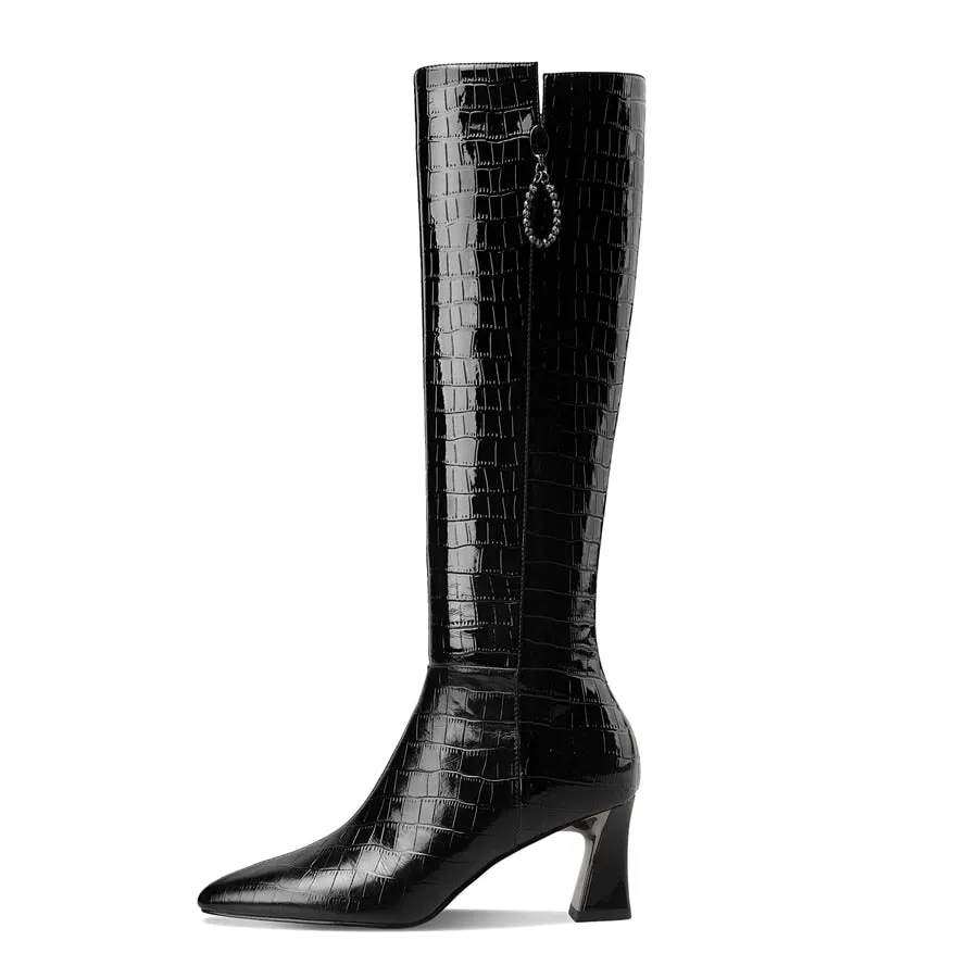 AlliCharm Leather Alligator Textured Knee High Boots