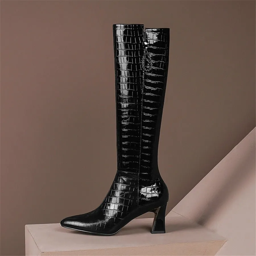 AlliCharm Leather Alligator Textured Knee High Boots