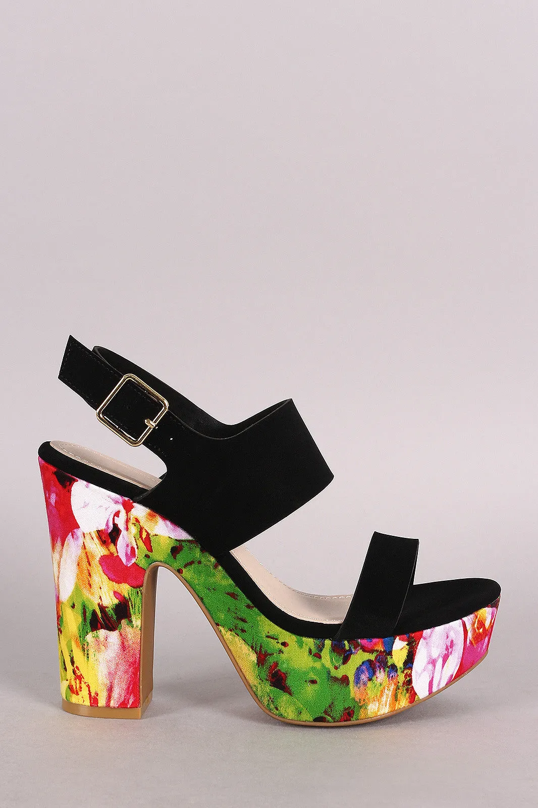 Bamboo Watercolor Print Slingback Chunky Platform Heel