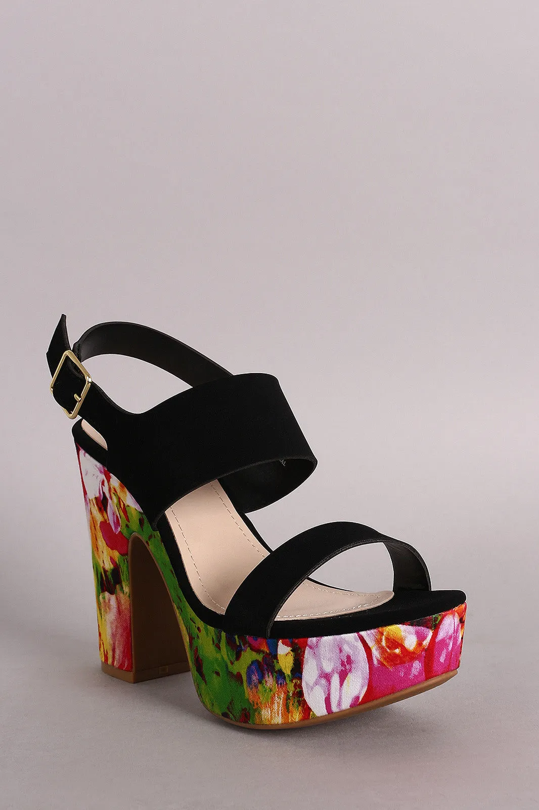 Bamboo Watercolor Print Slingback Chunky Platform Heel