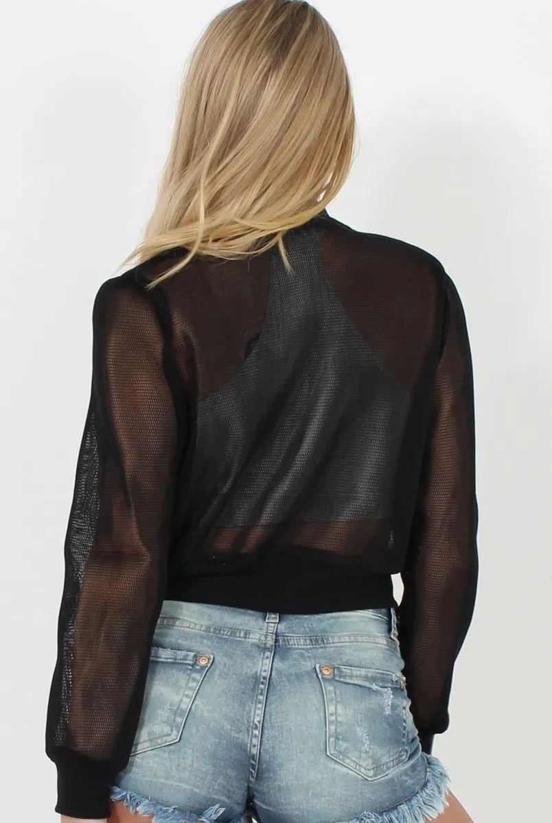 Black Mesh Cropped Bomber Jacket - Melrose