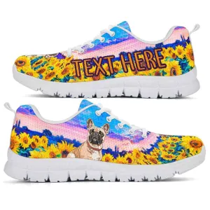 Custom Name Frenchie Sneaker, Frenchie Sunflower Sky Sneakers Running Shoes, Best Running Shoes