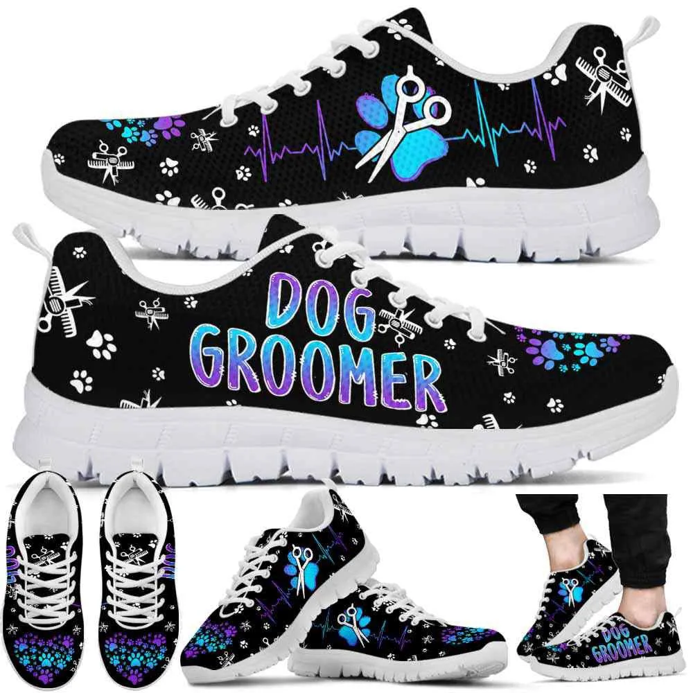 Dog Groomer Sneaker, Teal Purple Dog Groomer Scissors Heartbeat Gradient Sneakers Shoes, Best Running Shoes, Unique Gifts For Dog Lovers