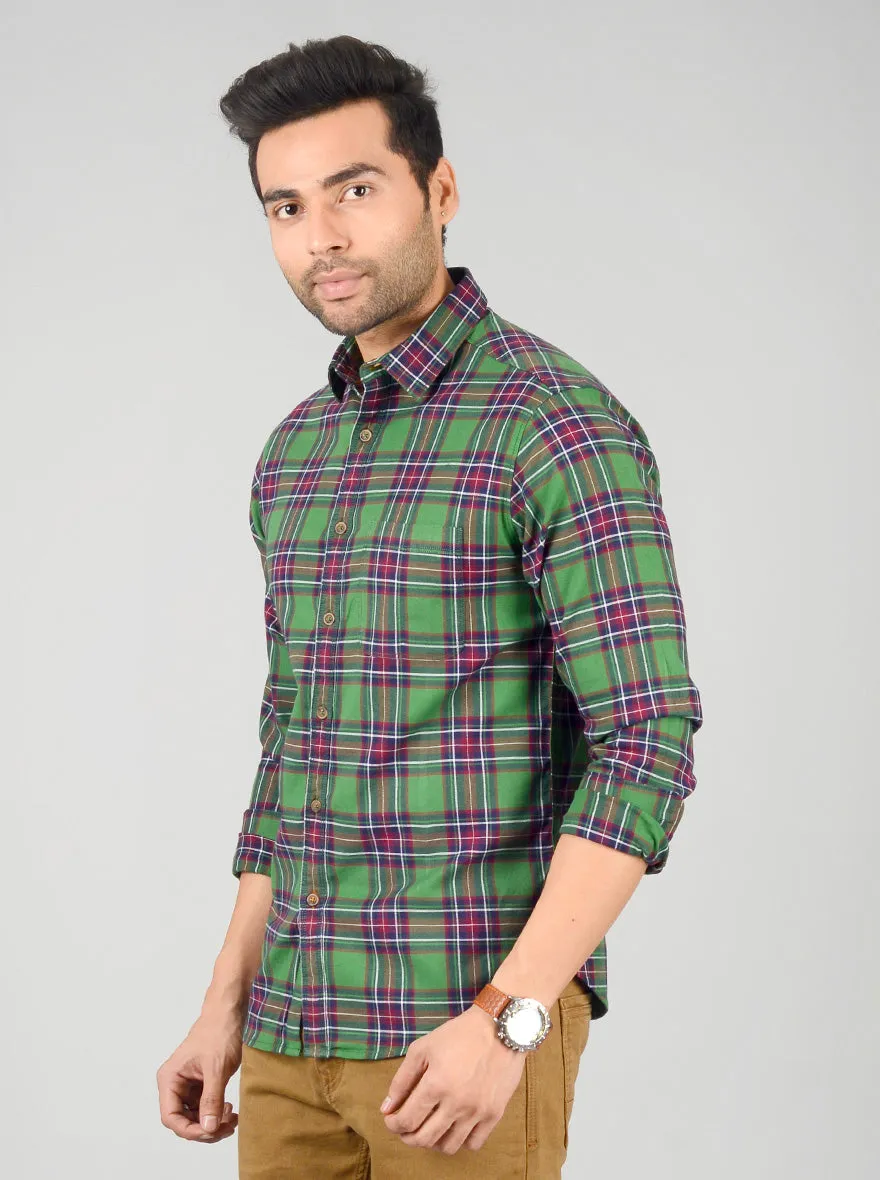 Forest Green Checked Slim Fit Casual Shirt | Greenfibre