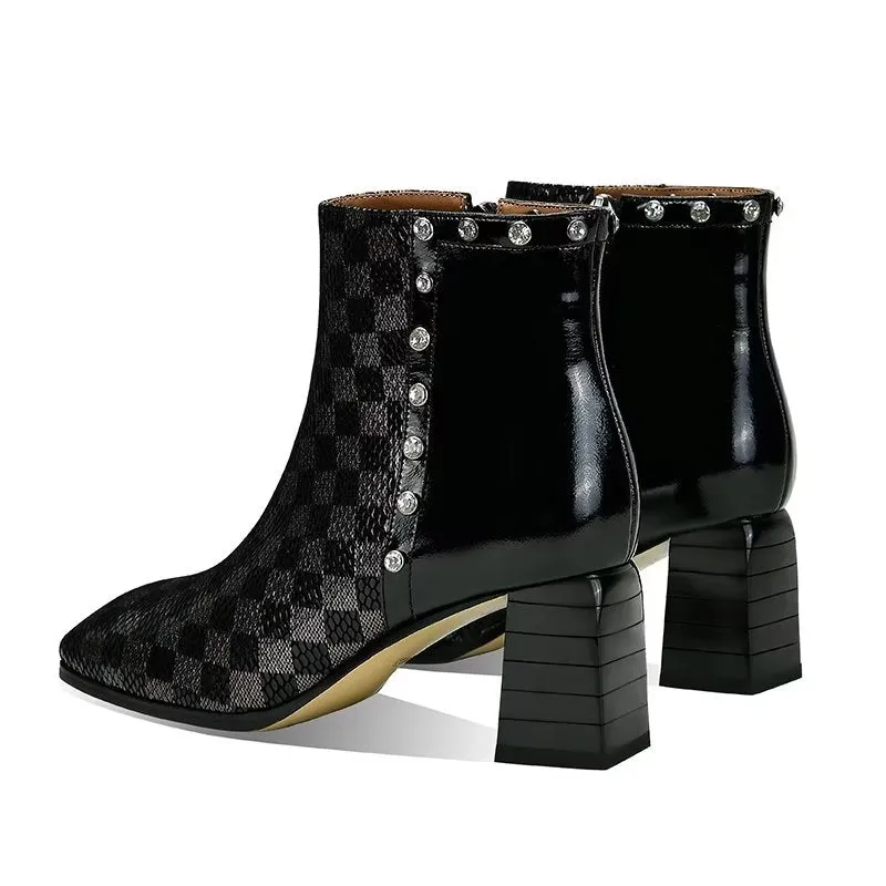 LeatherLux Exotic Pattern Square Heel Ankle Boots