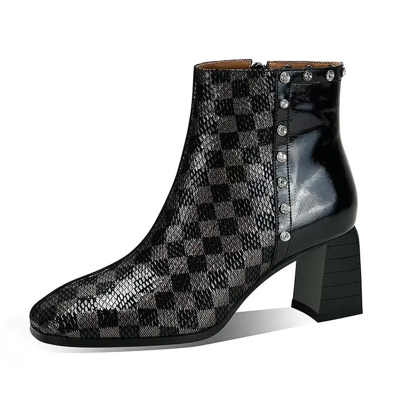 LeatherLux Exotic Pattern Square Heel Ankle Boots