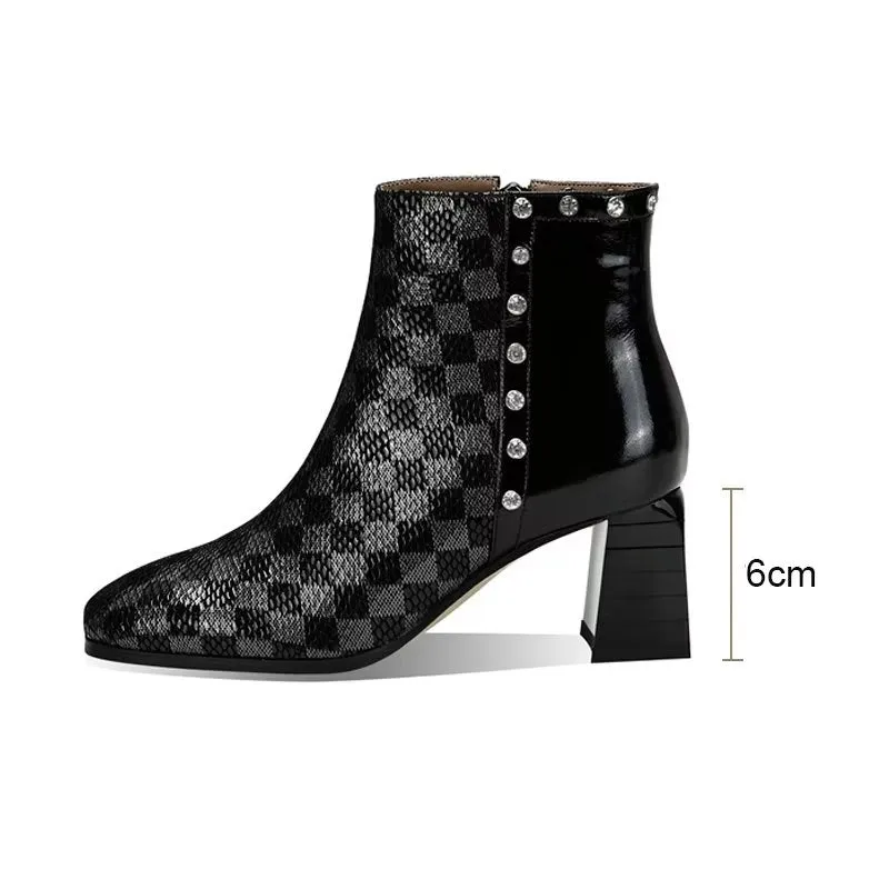 LeatherLux Exotic Pattern Square Heel Ankle Boots