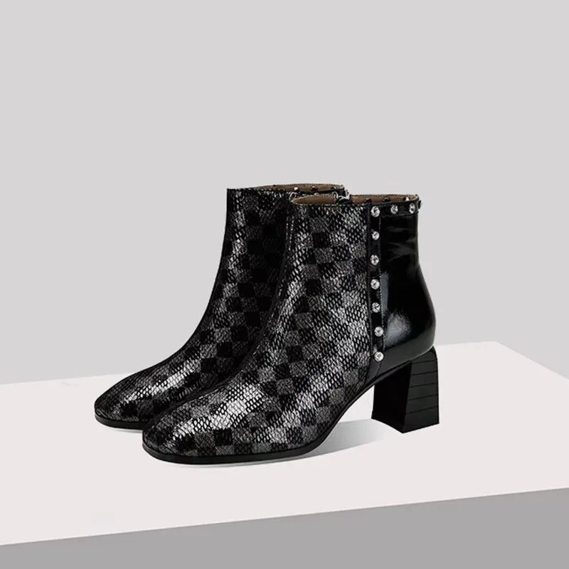 LeatherLux Exotic Pattern Square Heel Ankle Boots