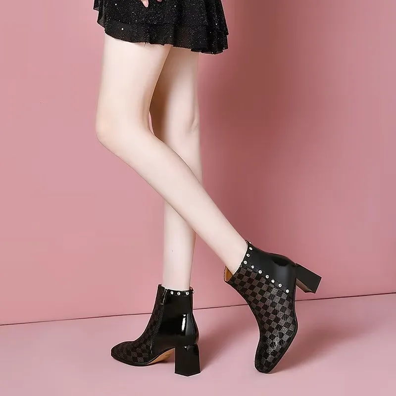 LeatherLux Exotic Pattern Square Heel Ankle Boots