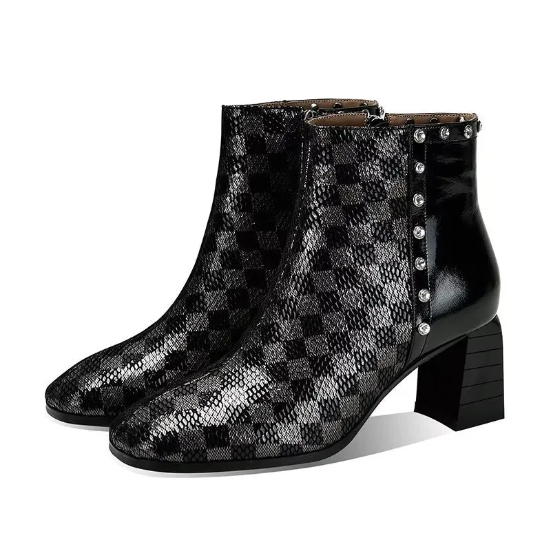 LeatherLux Exotic Pattern Square Heel Ankle Boots