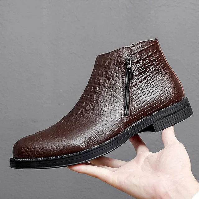 Luxury CrocLeather Fur-Trimmed Trendy Men's Boots