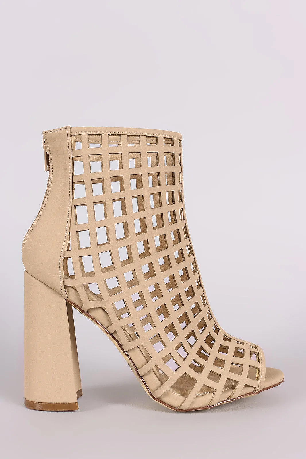 Nubuck Chunky Heeled Peep Toe Cage Booties