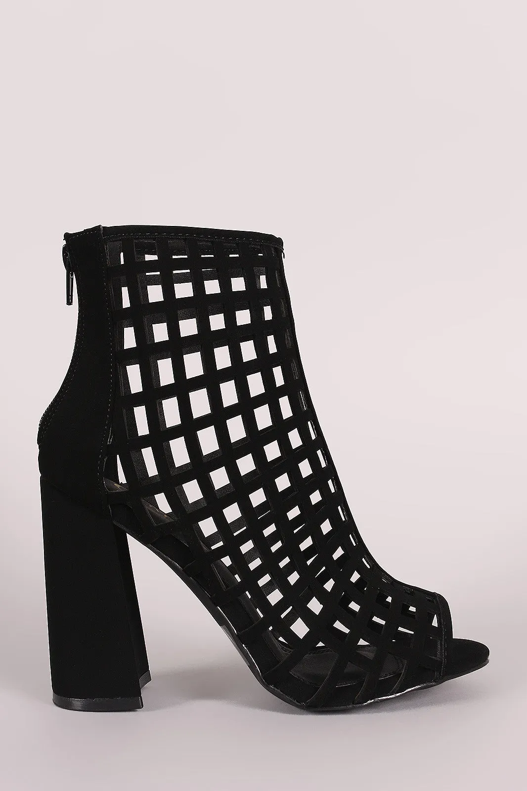 Nubuck Chunky Heeled Peep Toe Cage Booties