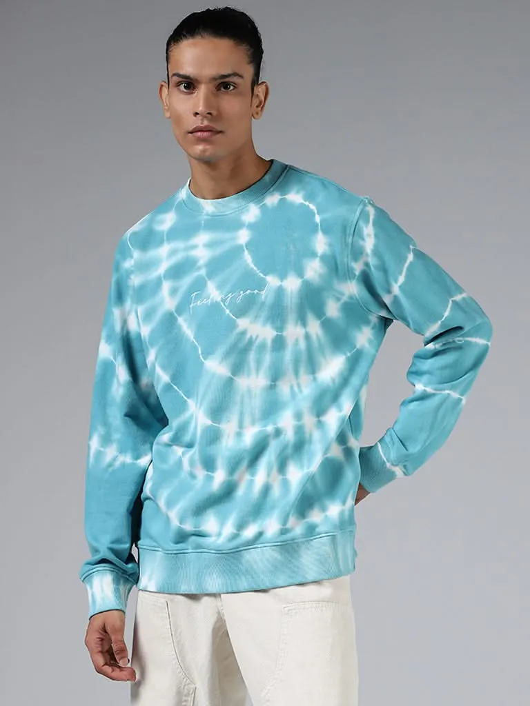 Nuon Blue Tie & Dye Printed Cotton Blend Relaxed-Fit Sweatshirt