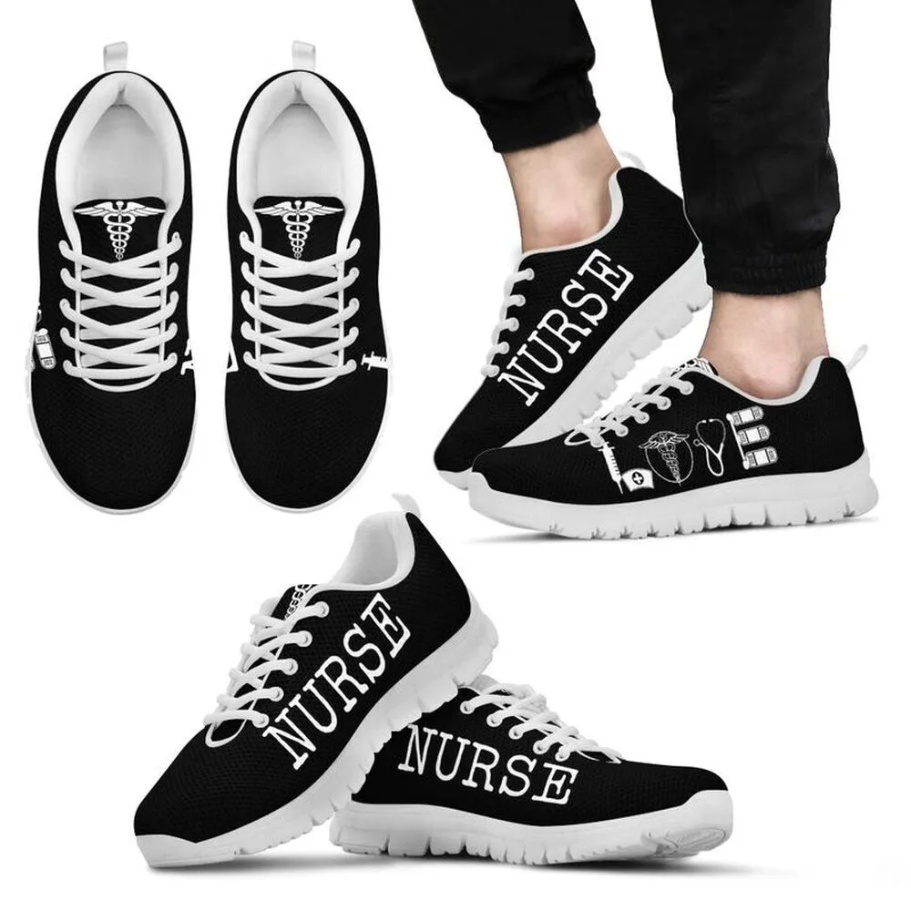 Nurse Sneaker, Nurse Love All Black Sneakers Shoes, Best Shoes For Nurses