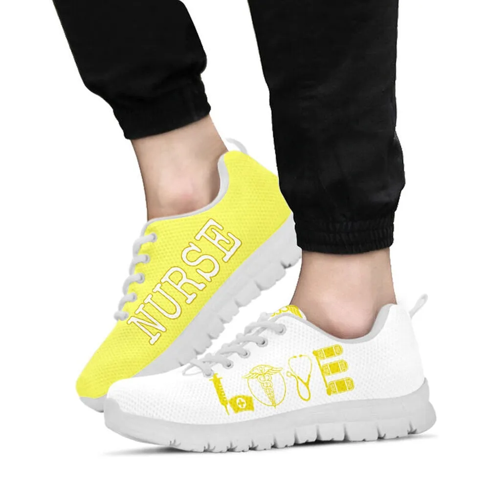 Nurse Sneaker, Nurse Love Fluorescent Yellow White Sneakers, Best Shoes For Nurses