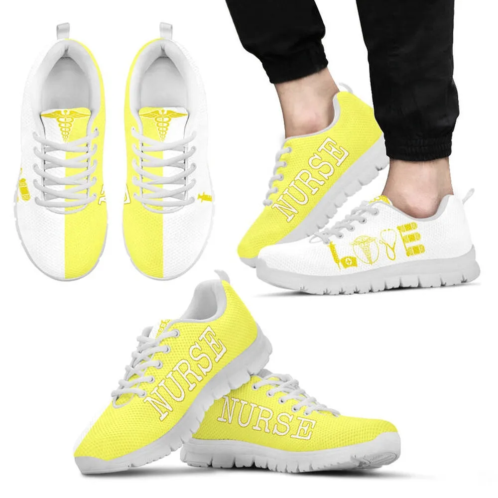 Nurse Sneaker, Nurse Love Fluorescent Yellow White Sneakers, Best Shoes For Nurses