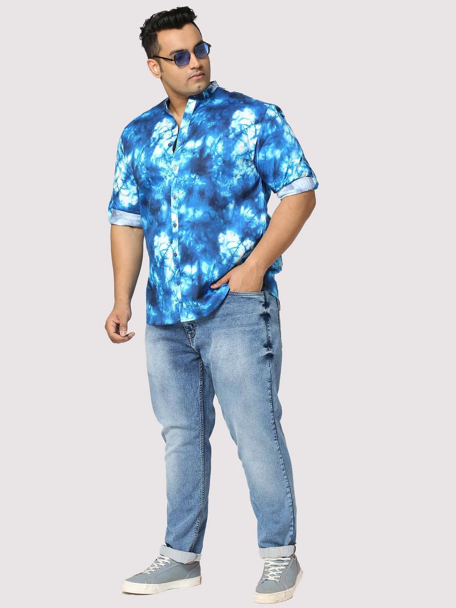 Ocean Digital Printed Chinese Collar Men's Plus Size Full Shirt