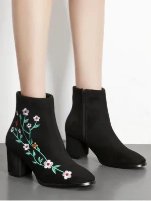 Trendy Chunky Embroidery Floral Ankle Boots