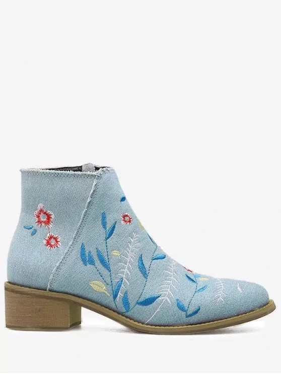 Trendy Embroidery Floral Denim Ankle Boots