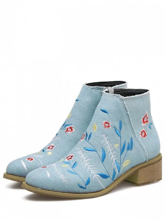 Trendy Embroidery Floral Denim Ankle Boots