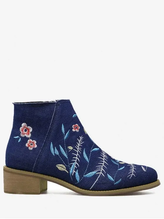 Trendy Embroidery Floral Denim Ankle Boots