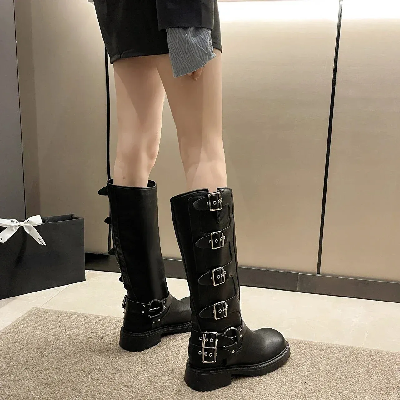 Trendy Knee High Studded Combat Boots