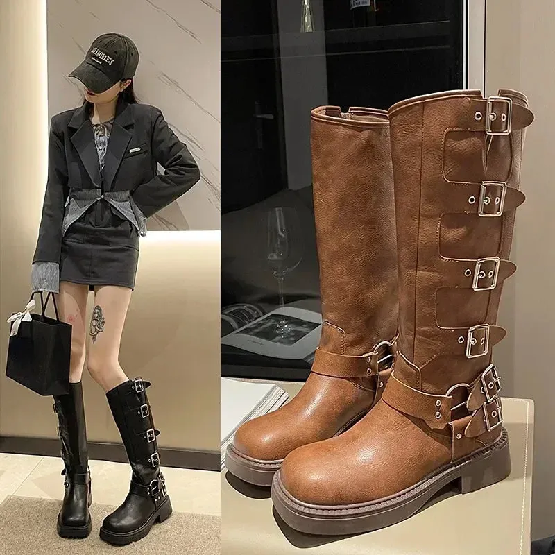 Trendy Knee High Studded Combat Boots