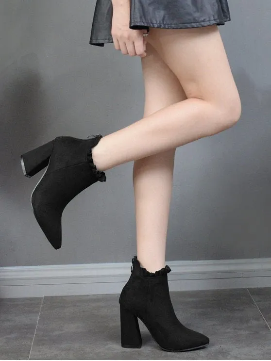 Trendy Pointed Toe Ruffles Chunky Heel Boots