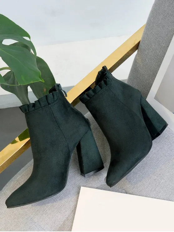 Trendy Pointed Toe Ruffles Chunky Heel Boots