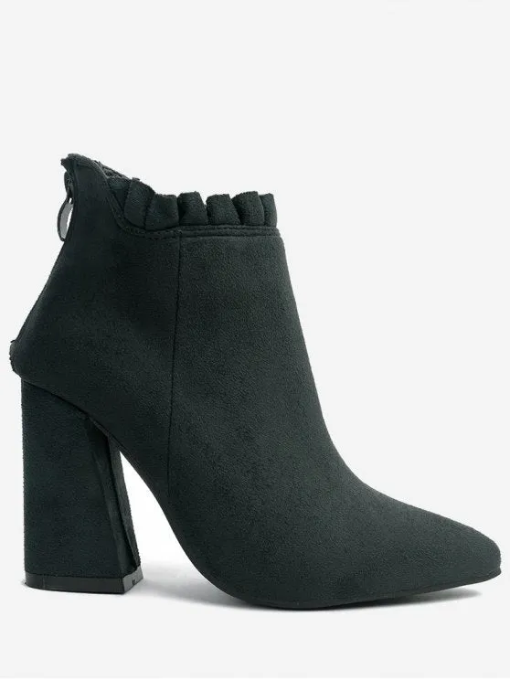 Trendy Pointed Toe Ruffles Chunky Heel Boots