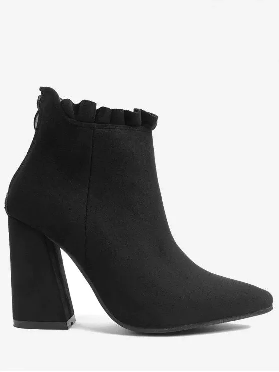 Trendy Pointed Toe Ruffles Chunky Heel Boots