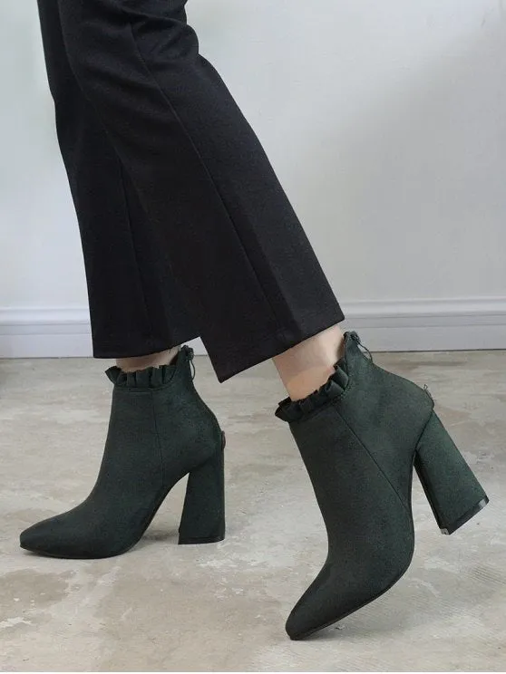 Trendy Pointed Toe Ruffles Chunky Heel Boots