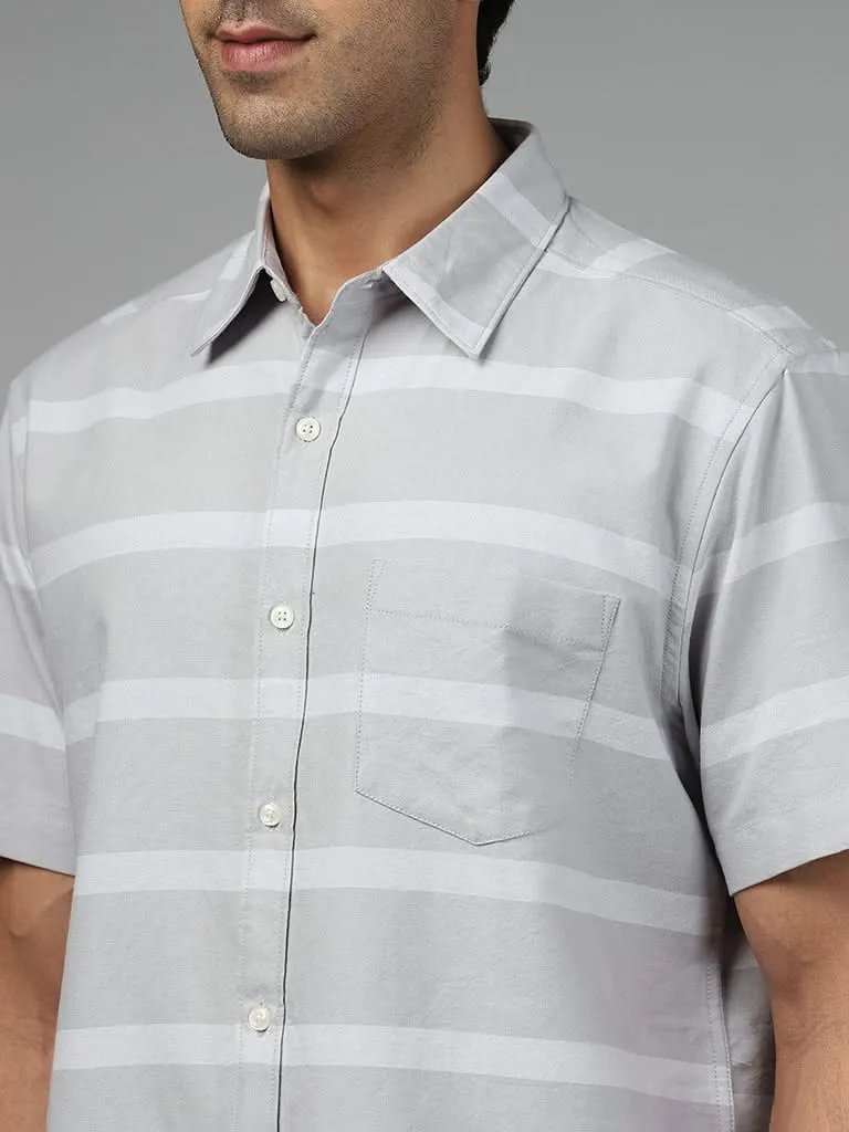 WES Casuals Light Grey Striped Cotton Relaxed-Fit Shirt