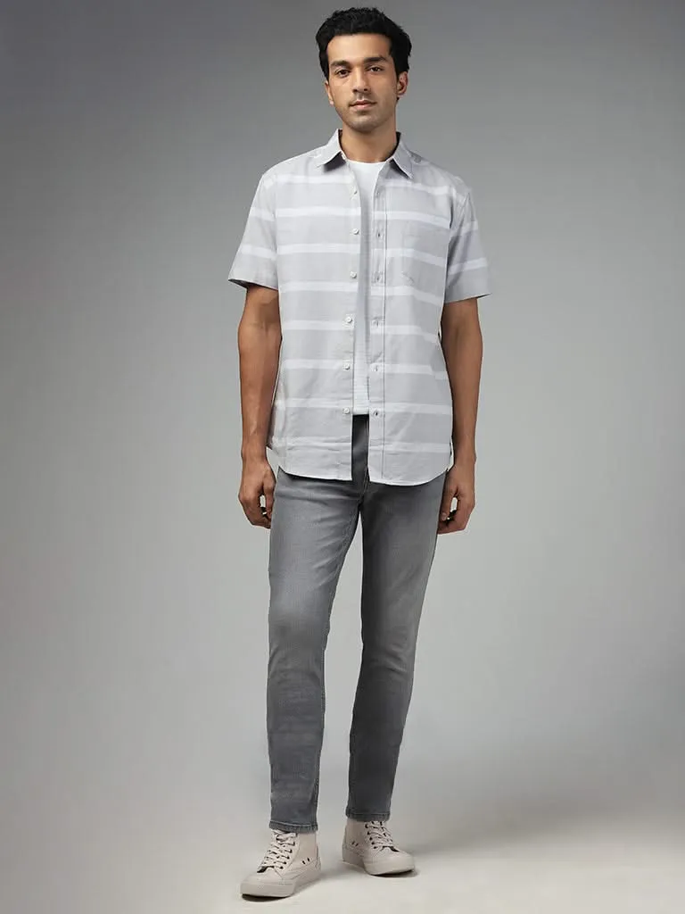 WES Casuals Light Grey Striped Cotton Relaxed-Fit Shirt