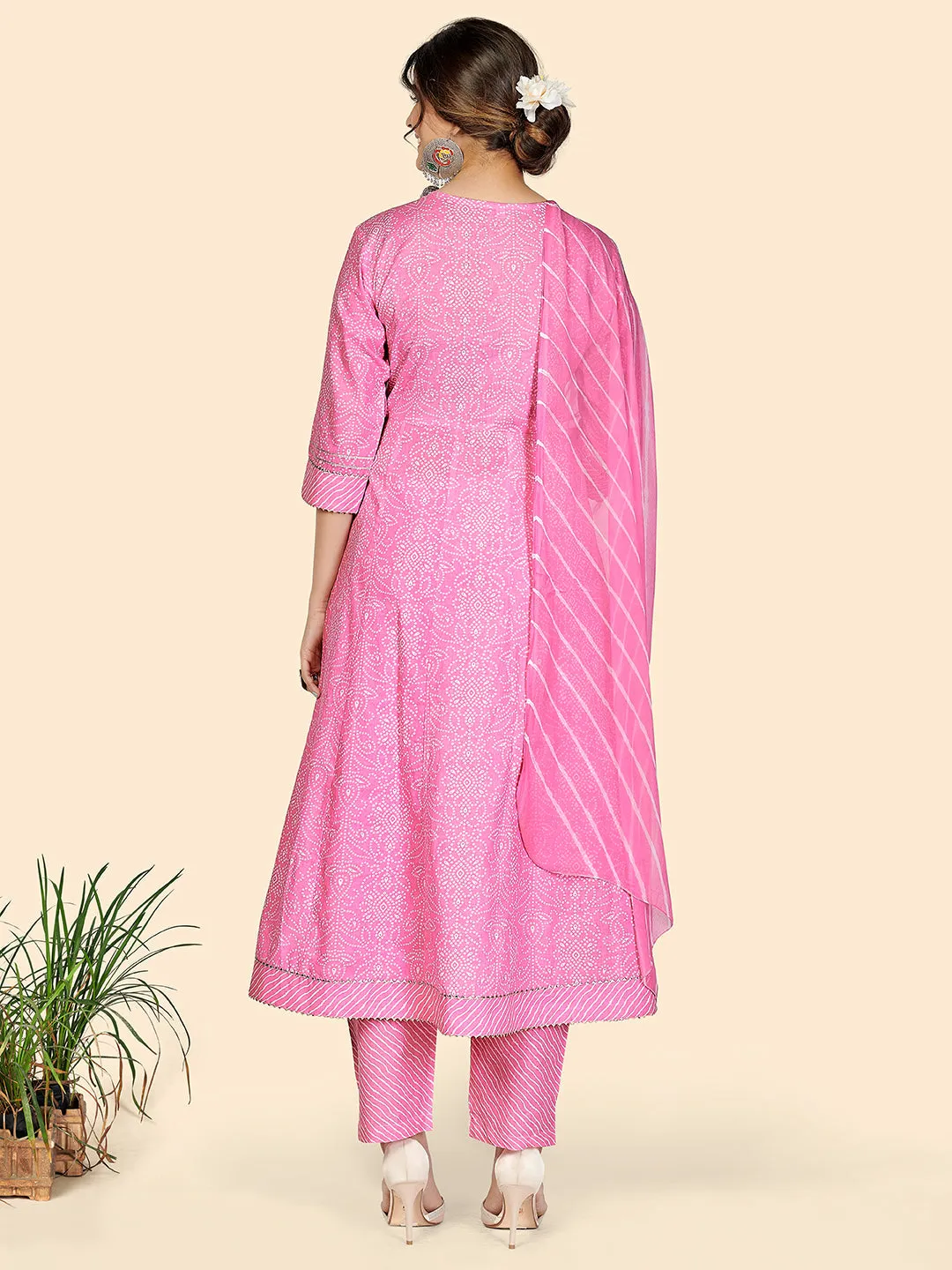 Women'S Bandhani & Embroidered Anarkali Cotton Baby Pink Stitched Kurta Pant With Dupatta