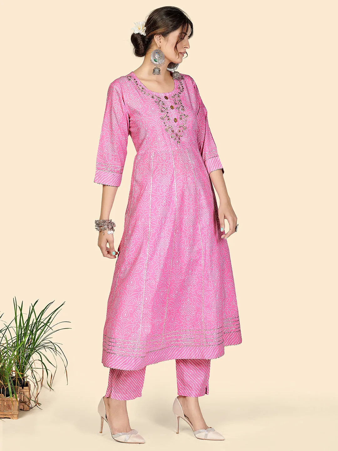 Women'S Bandhani & Embroidered Anarkali Cotton Baby Pink Stitched Kurta Pant With Dupatta