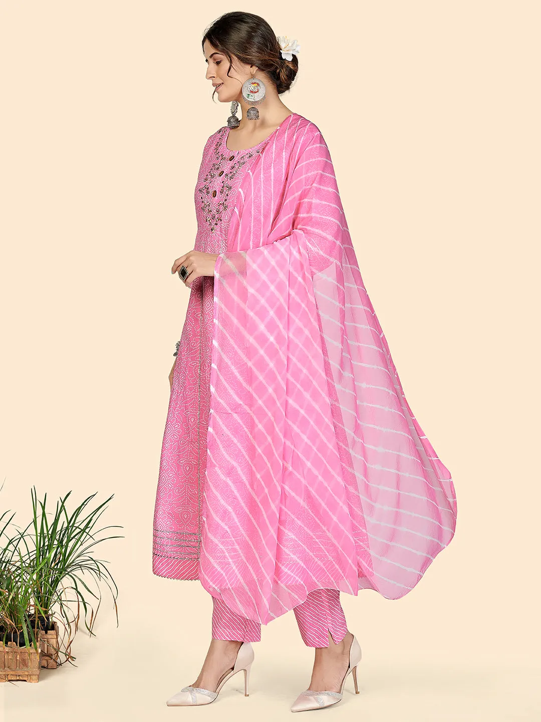 Women'S Bandhani & Embroidered Anarkali Cotton Baby Pink Stitched Kurta Pant With Dupatta