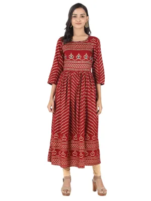 Women'S Bandhani Print & Hand Work Anarkali Rayon Maroon Kurti