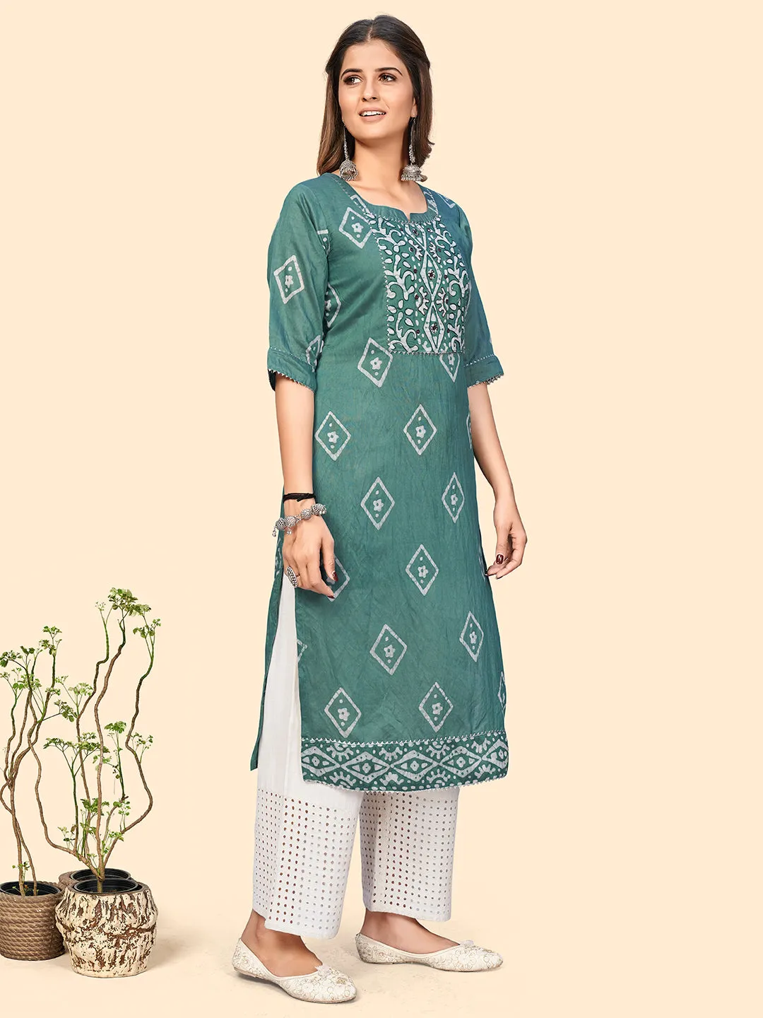 Women'S Batik Print & Mirror Straight Chanderi Turquoise Stitched Kurta With Dupatta