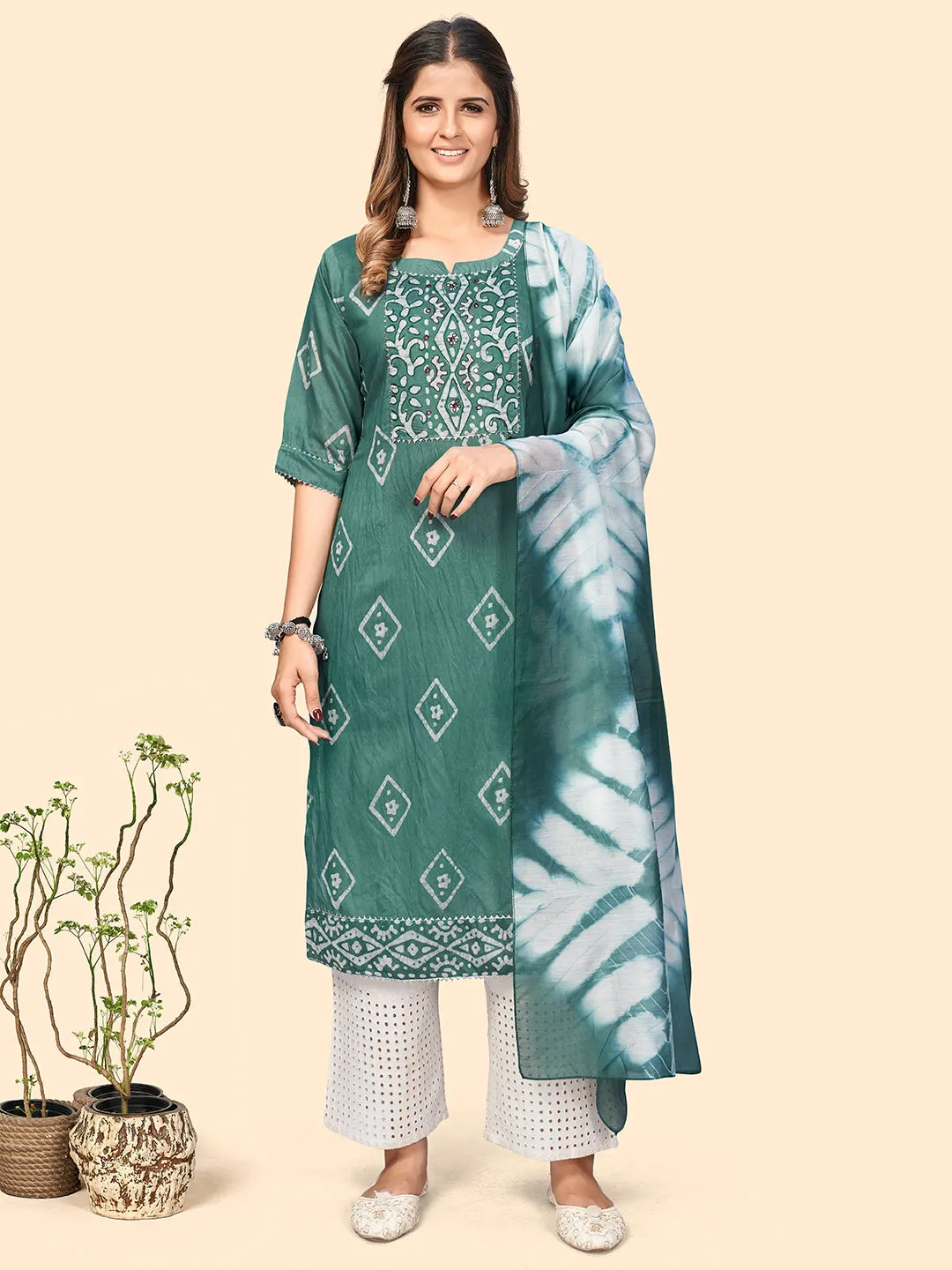 Women'S Batik Print & Mirror Straight Chanderi Turquoise Stitched Kurta With Dupatta