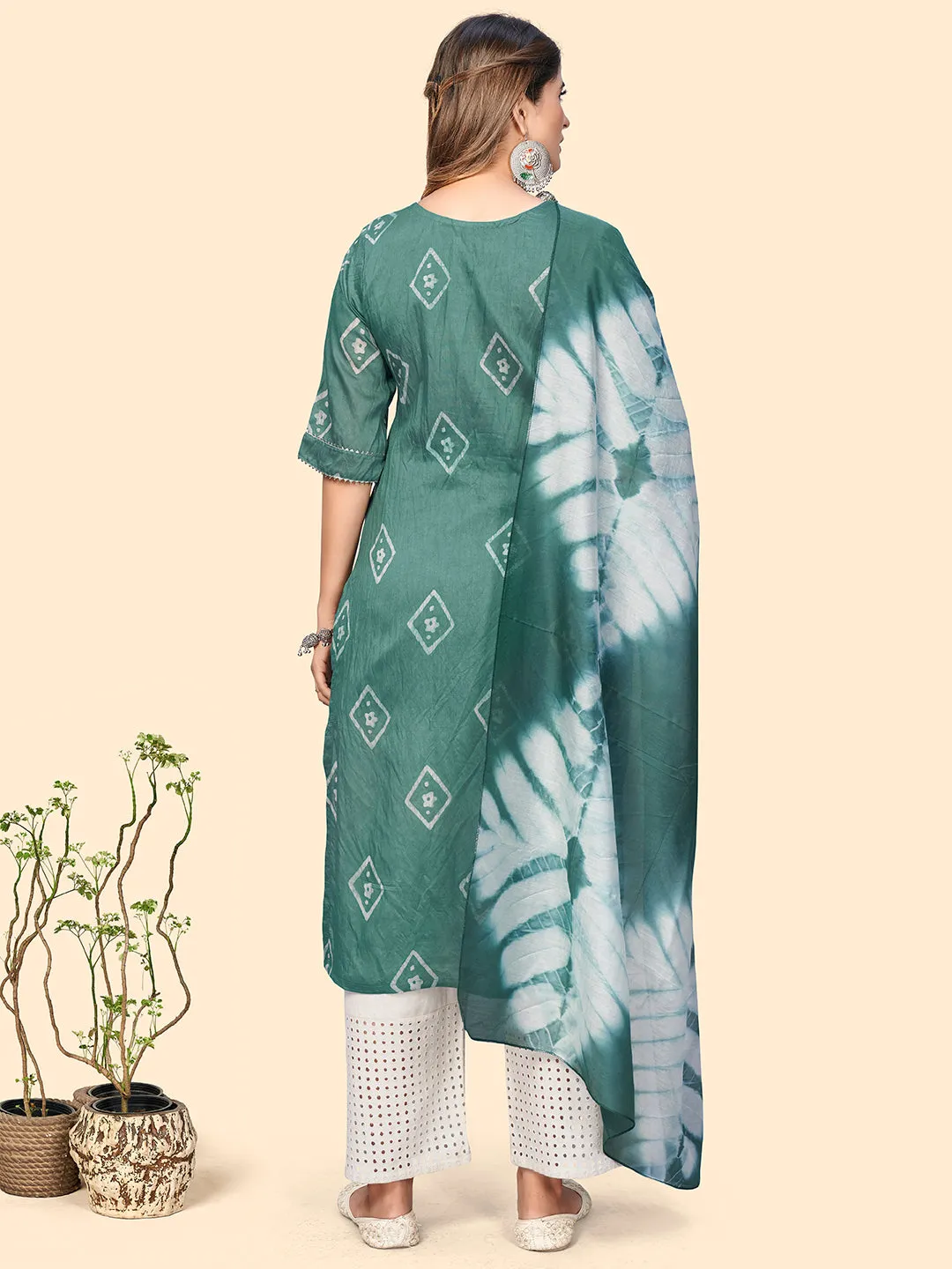 Women'S Batik Print & Mirror Straight Chanderi Turquoise Stitched Kurta With Dupatta