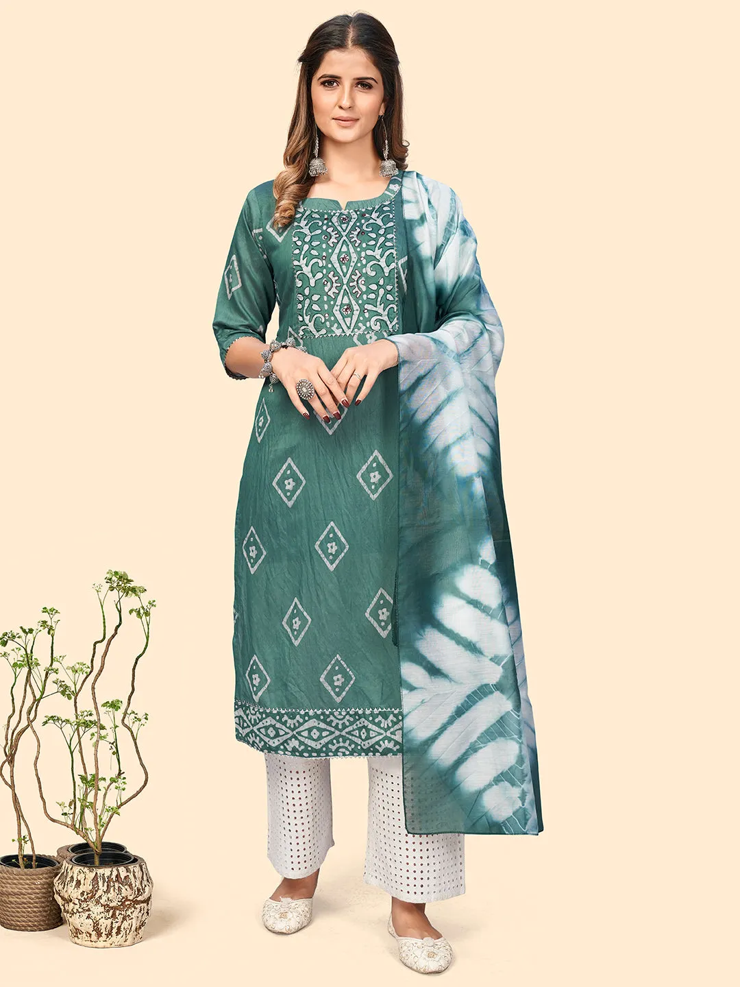 Women'S Batik Print & Mirror Straight Chanderi Turquoise Stitched Kurta With Dupatta