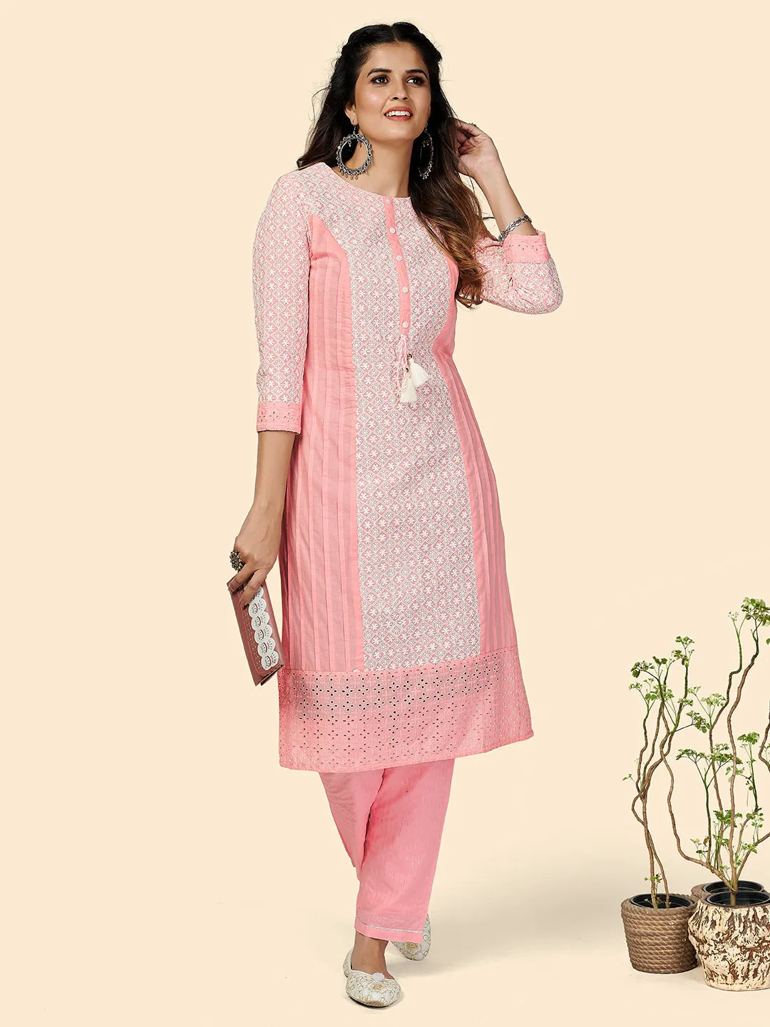 Women'S Chikankari Straight Cotton Baby Pink Stitched Kurta With Pant