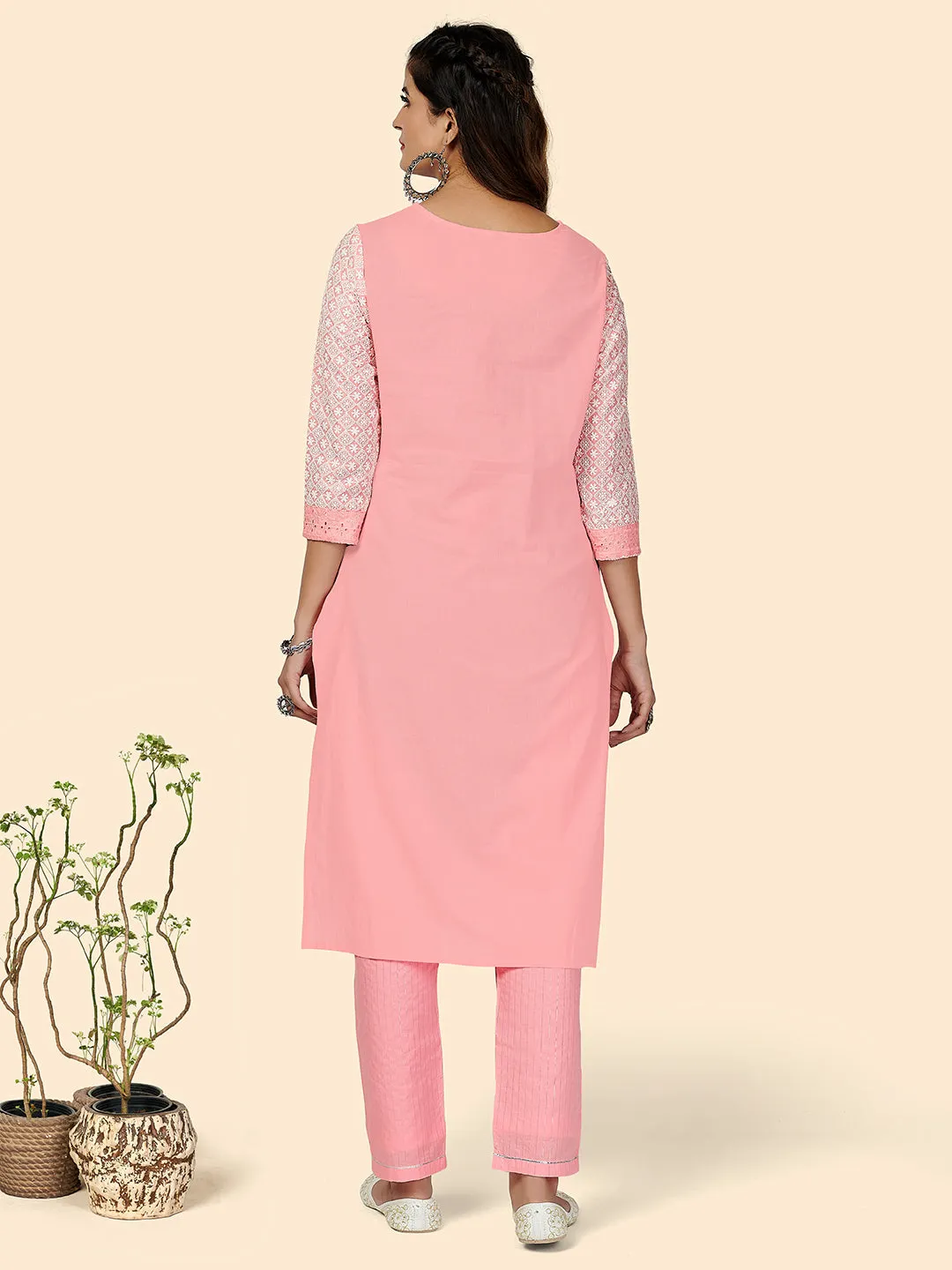 Women'S Chikankari Straight Cotton Baby Pink Stitched Kurta With Pant