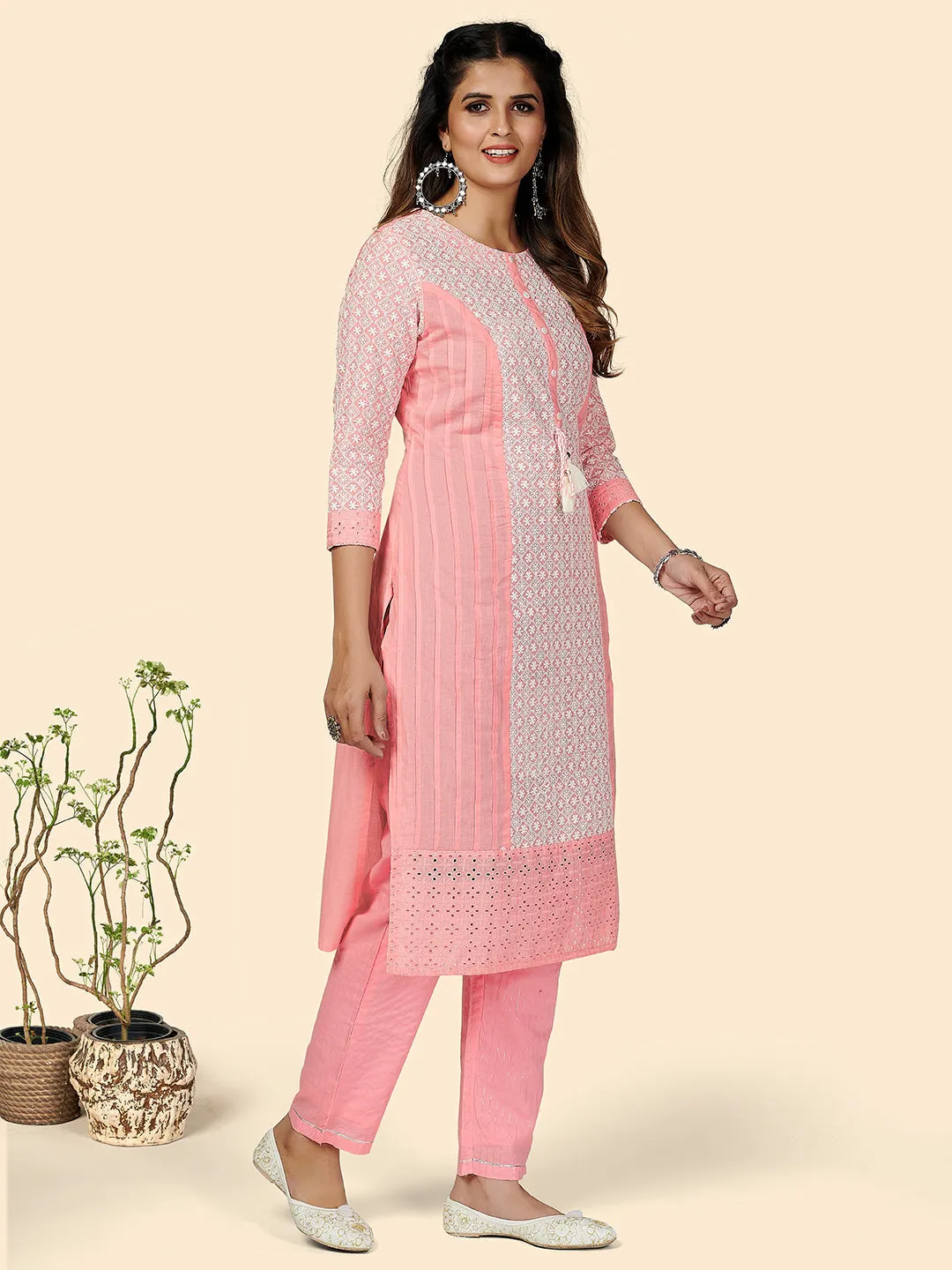 Women'S Chikankari Straight Cotton Baby Pink Stitched Kurta With Pant