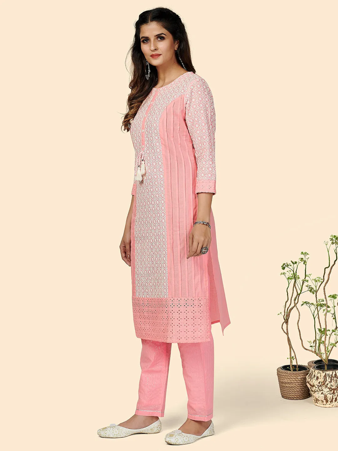 Women'S Chikankari Straight Cotton Baby Pink Stitched Kurta With Pant