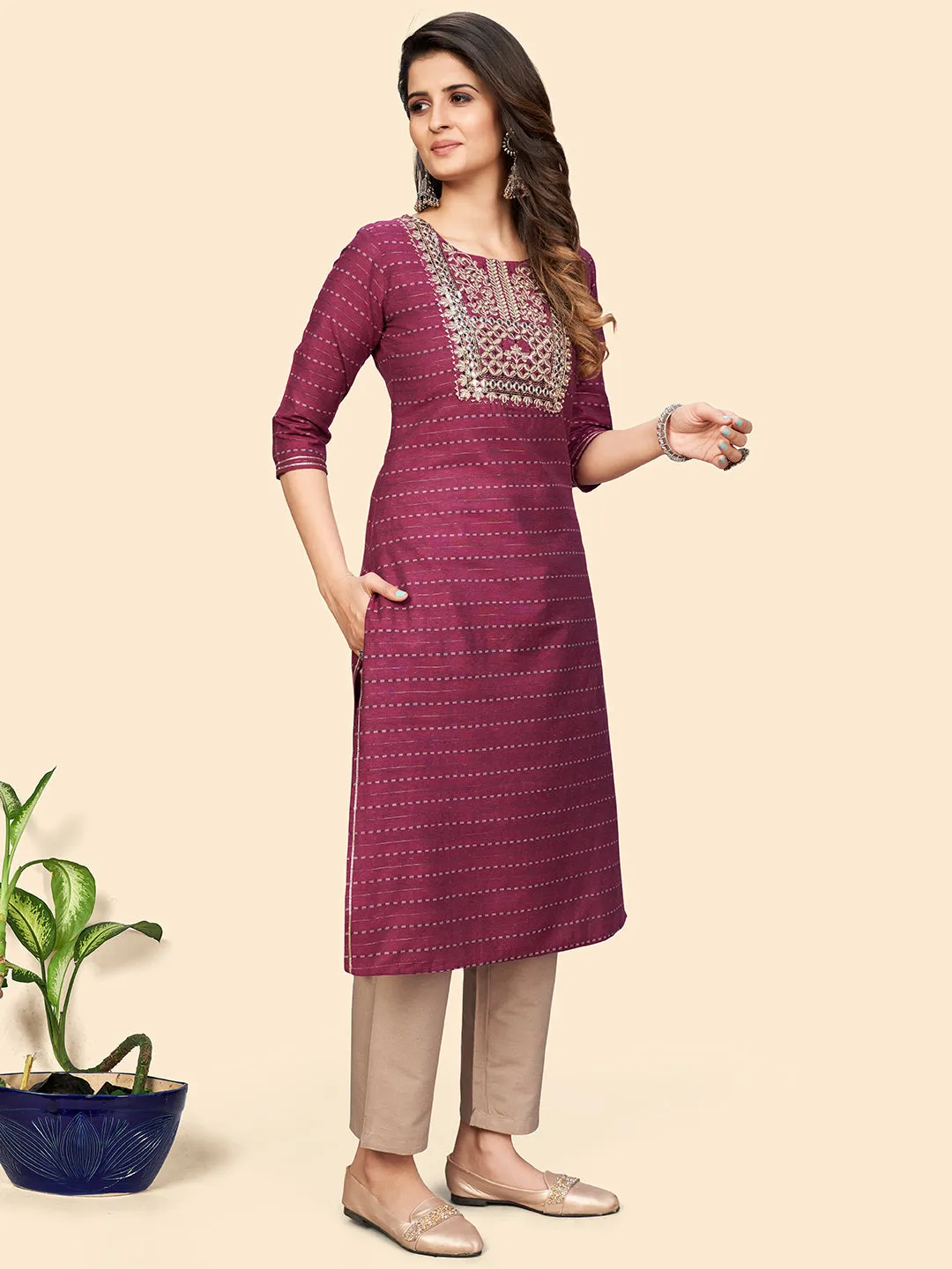 Women'S Embroidered & Mirror Straight Cotton Magenta  Stitched Kurta Pant With Dupatta