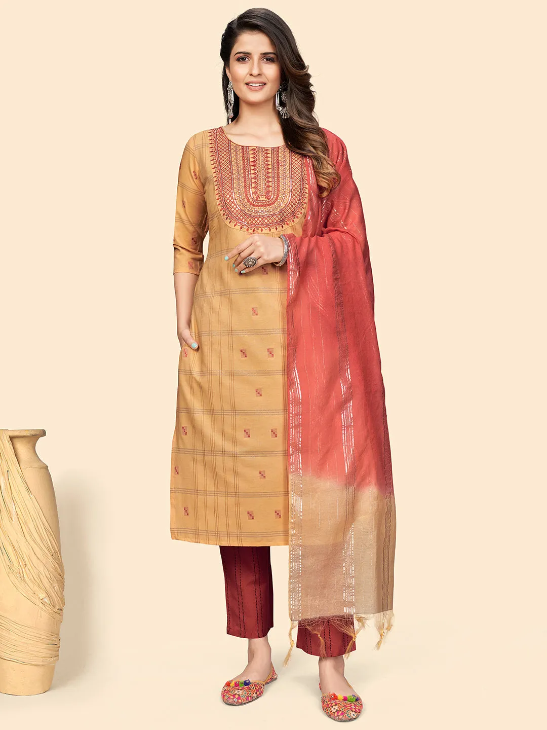 Women'S Embroidered & Sequience Straight Cotton Yellow Stitched Kurta Pant With Dupatta