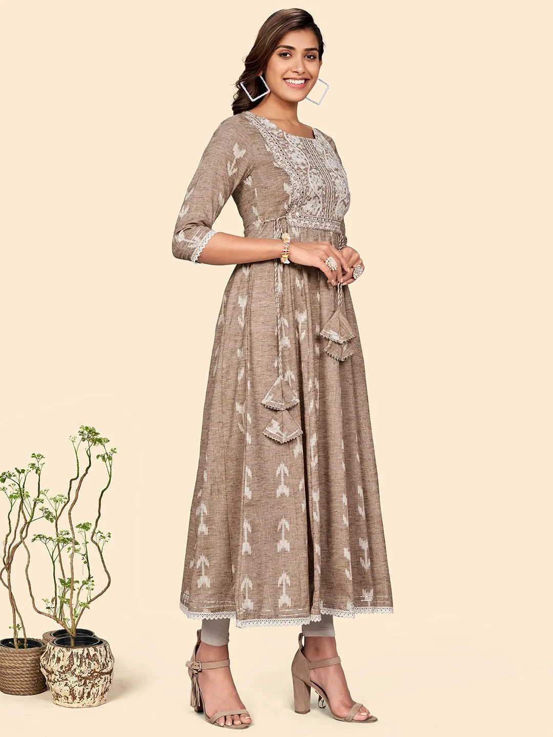 Women'S Embroidered Anarkali Cotton Blend Light Brown Stitched Dress